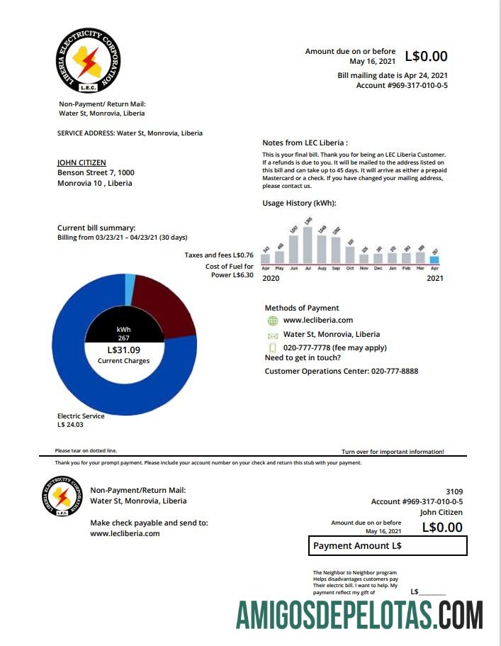 Em branco modelo de conta de serviços públicos da Liberia Electricity Corporation em formato Word e PDF